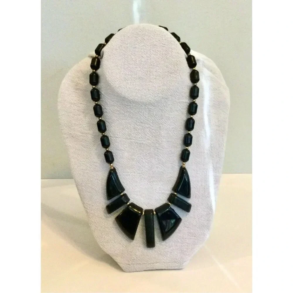 Vintage Womens Black Paddle Barrel Shape Beads Chunky Statement Necklace Jewelry
